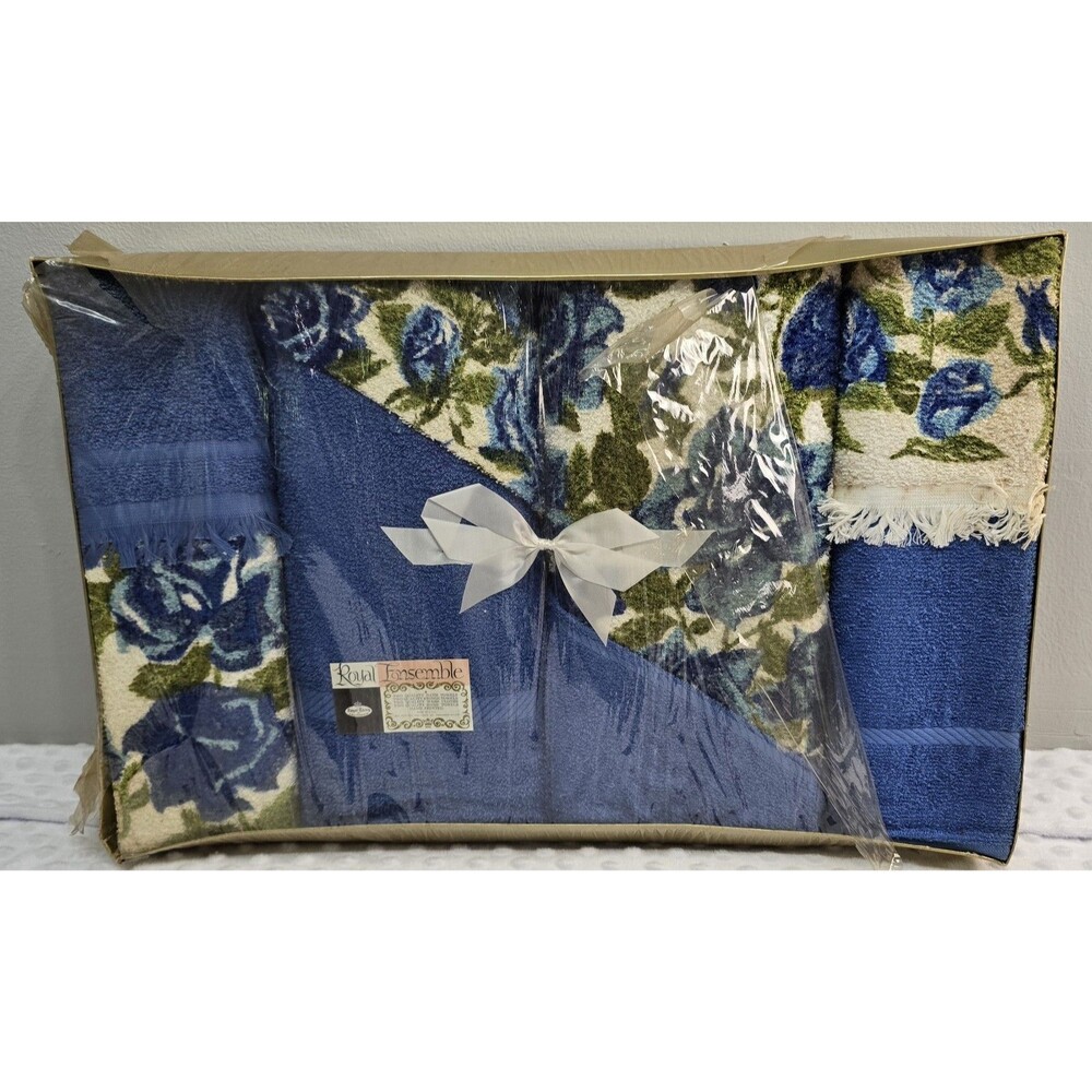 Vintage MCM Towel Set New Blue Green Floral 1960s Royal Ensemble Set Weathered